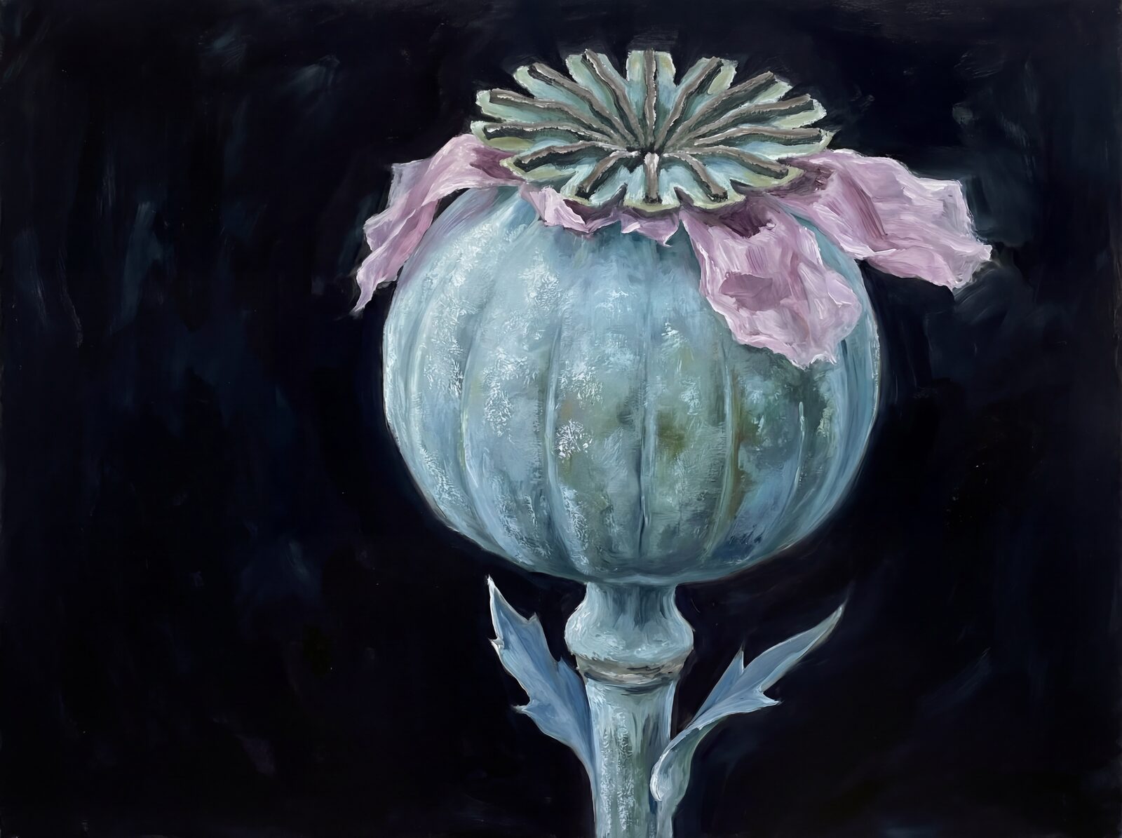 Immerse yourself in the sculptural beauty of a poppy seed pod, rendered in deep greens and mauves. Made to order.