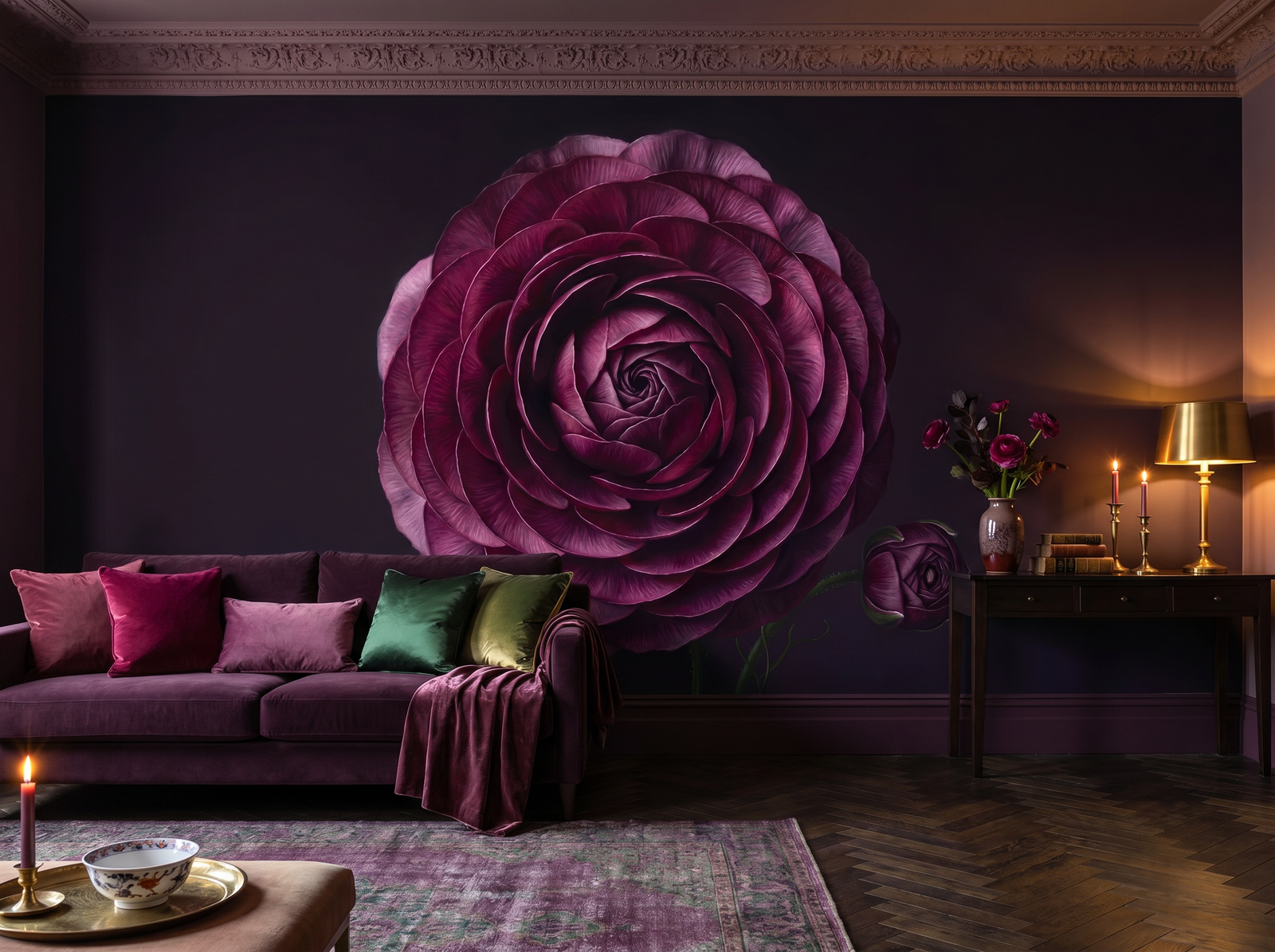 Dark Ranunculus scenic wallpaper mural on the feature wall of an English-country living room, in a moody black-and-charcoal palette — The Wall Shawl.