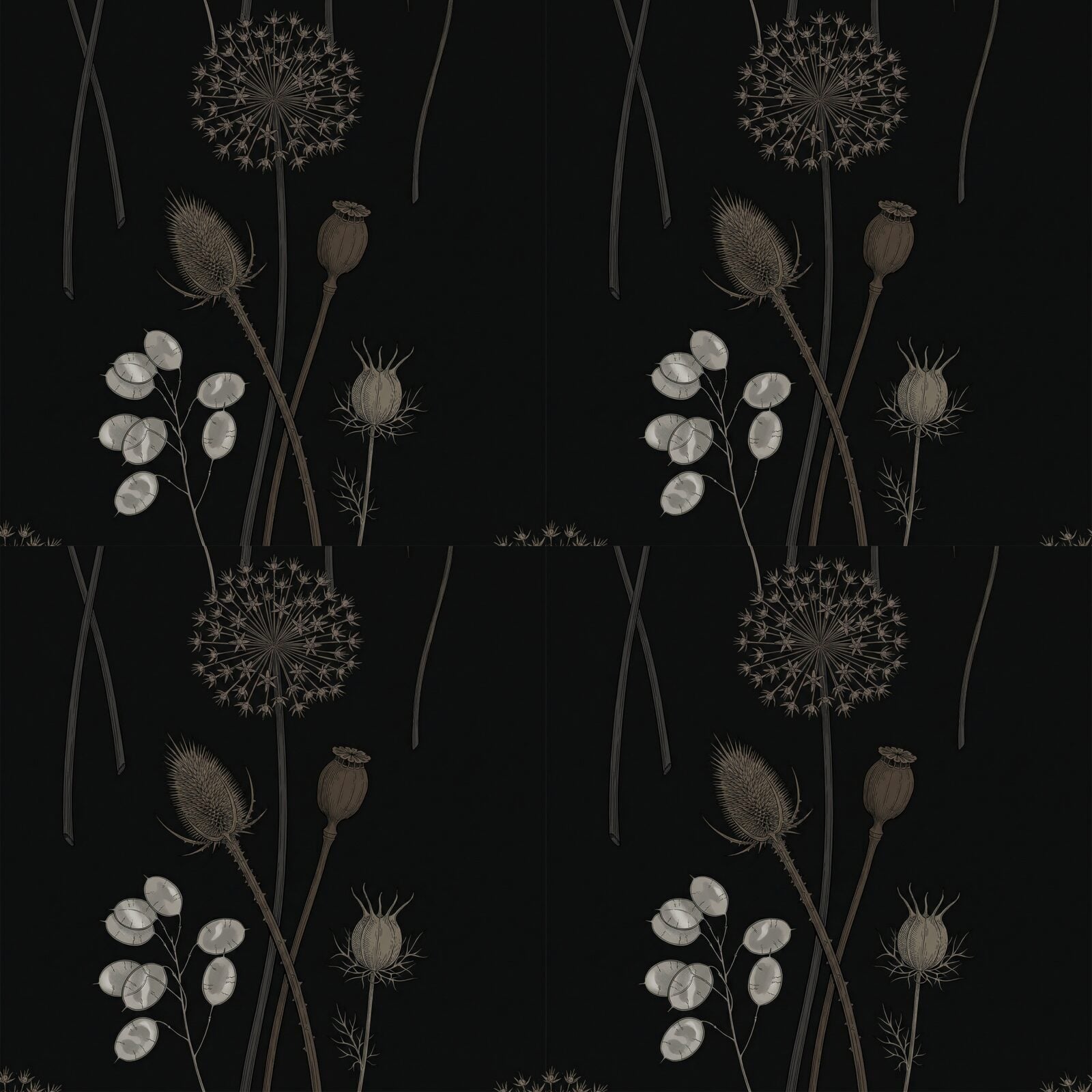 Architectural seed heads in warm browns, greys, and silvers on a near-black ground. Made to order.