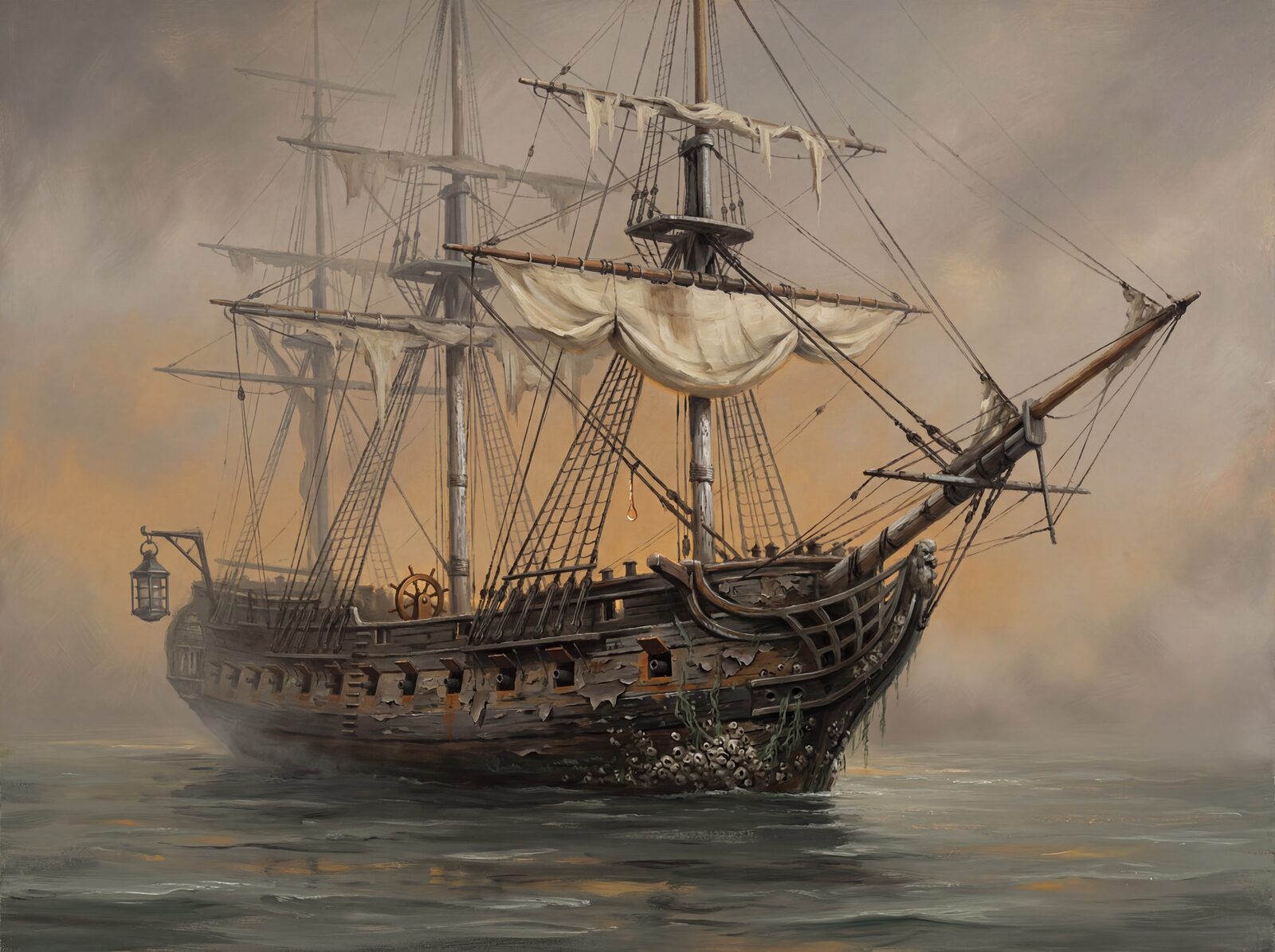 Mysterious ship in fog, palette of Sea Void, Hull Black, Fog Grey. Made to order.