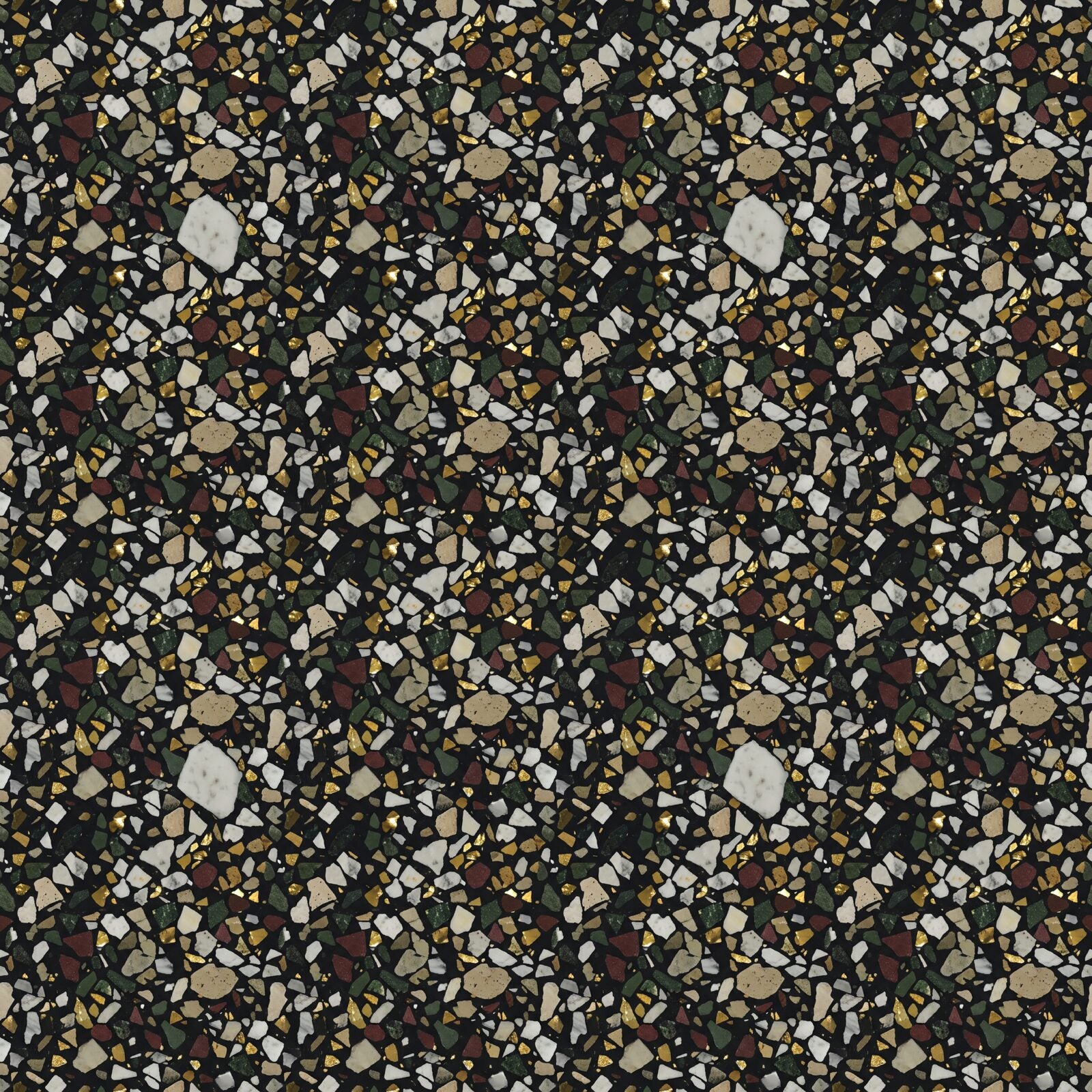 Experience graphic opulence with Dark Terrazzo mural wallpaper. Featuring a near-black base with white, cream, and gold chips. Made to order.