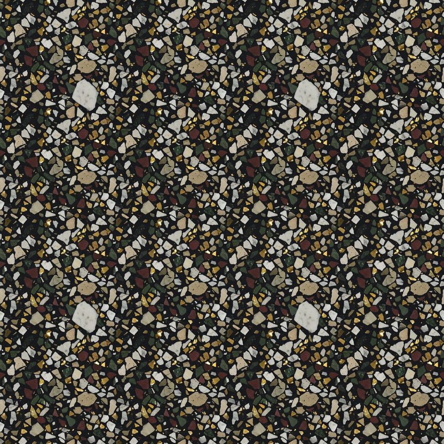 Experience graphic opulence with Dark Terrazzo mural wallpaper. Featuring a near-black base with white, cream, and gold chips. Made to order.