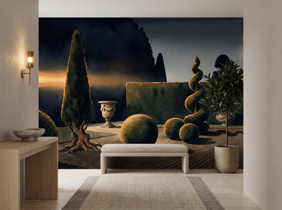 Dark Topiary scenic wallpaper mural on the feature wall of an English-country study, in a moody black-and-charcoal palette — The Wall Shawl.