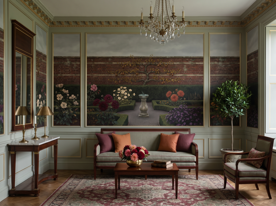 Dark Walled Garden scenic wallpaper mural on the feature wall of an English-country dining room, in a moody black-and-charcoal palette — The Wall Shawl.