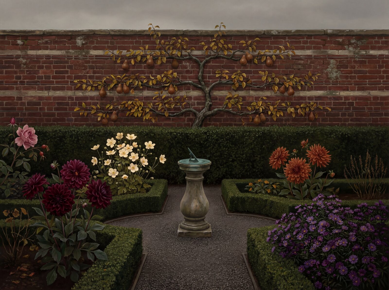 Formal walled garden mural with deep burgundy, purple, and green palette. Made to order.