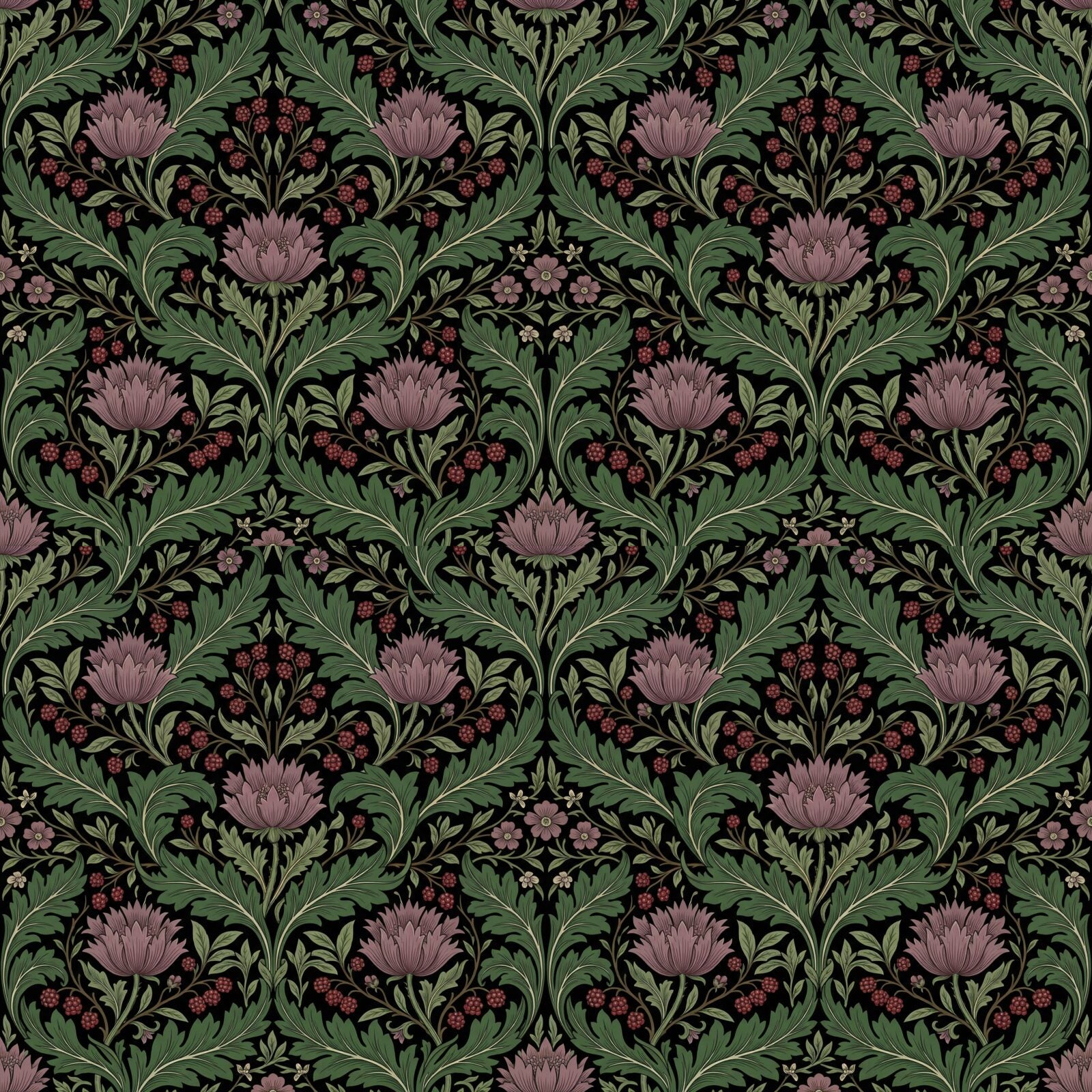 Experience a Morris pattern reimagined in lamp black, acanthus green, and thistle mauve. Made to order.