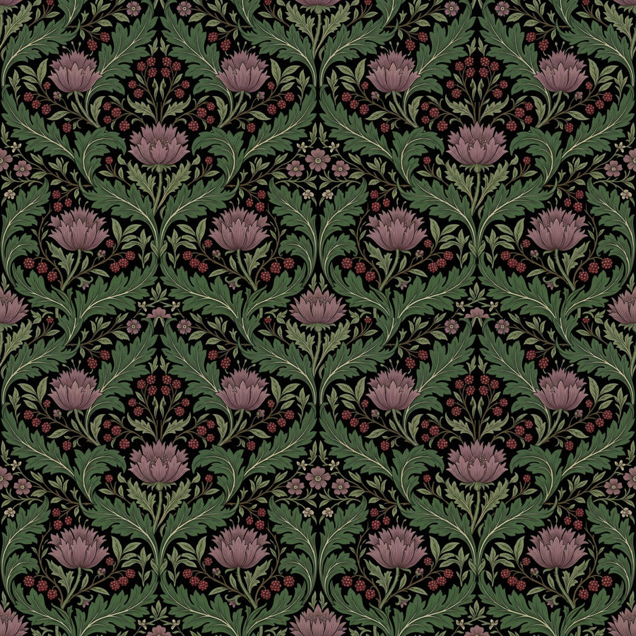 Experience a Morris pattern reimagined in lamp black, acanthus green, and thistle mauve. Made to order.