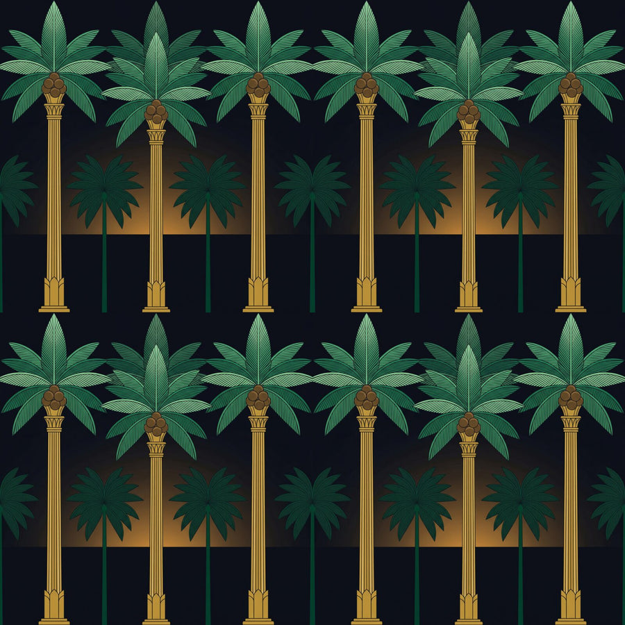 Tropical Art Deco palm trees in Tropic Night, Palm Jade, and Trunk Gold. Made to order.