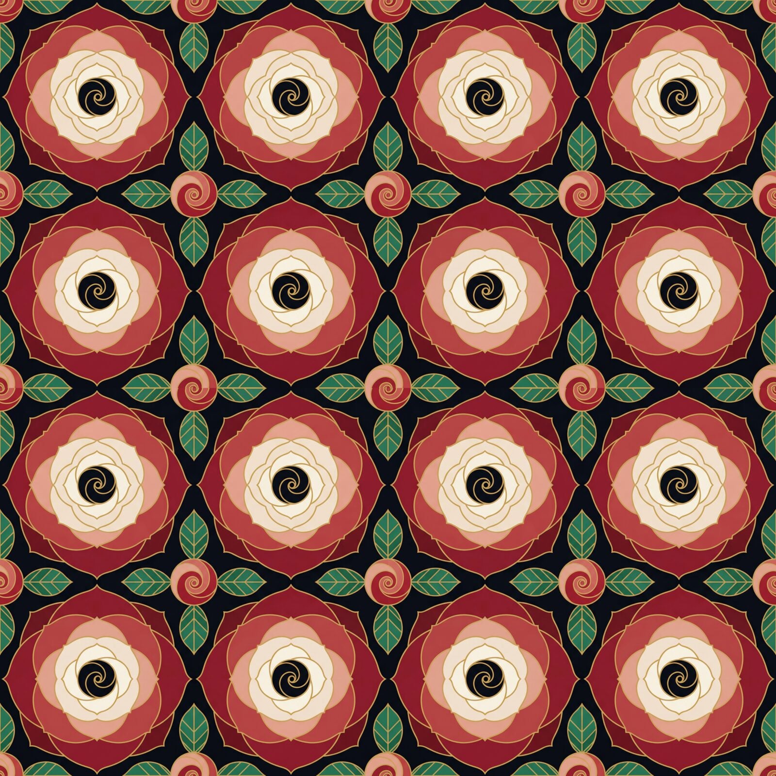 Geometric rose mural in Noir Ground, Rose Red, and Gold Spiral. Made to order.