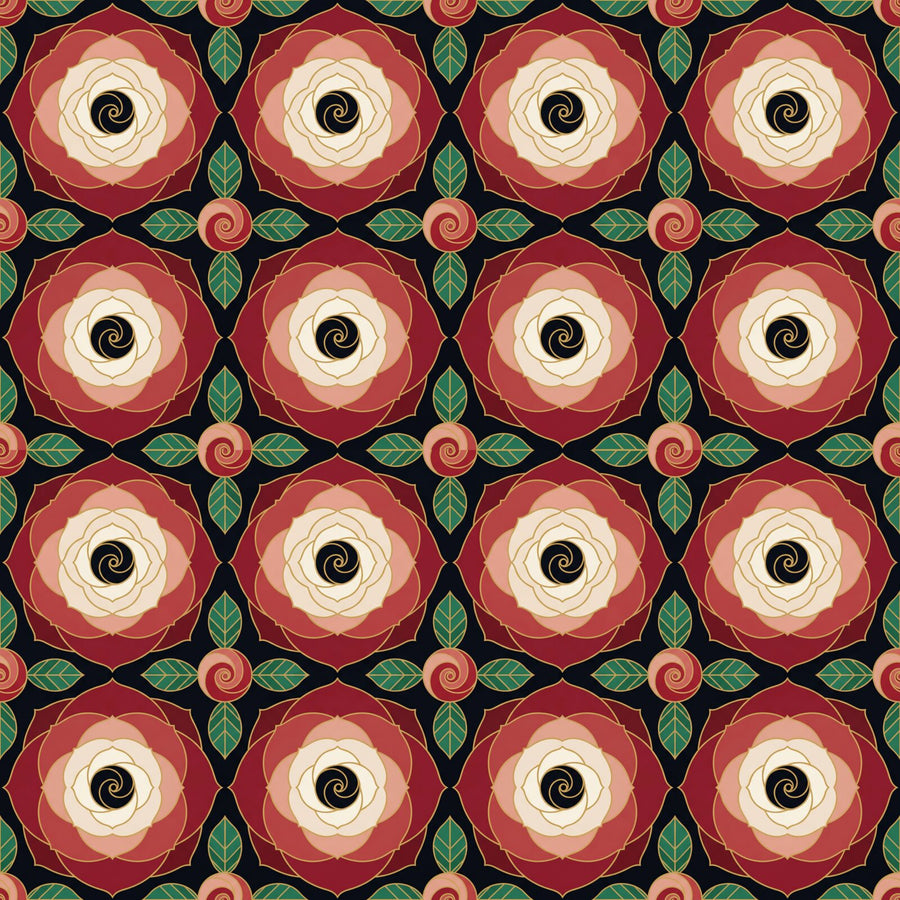Geometric rose mural in Noir Ground, Rose Red, and Gold Spiral. Made to order.