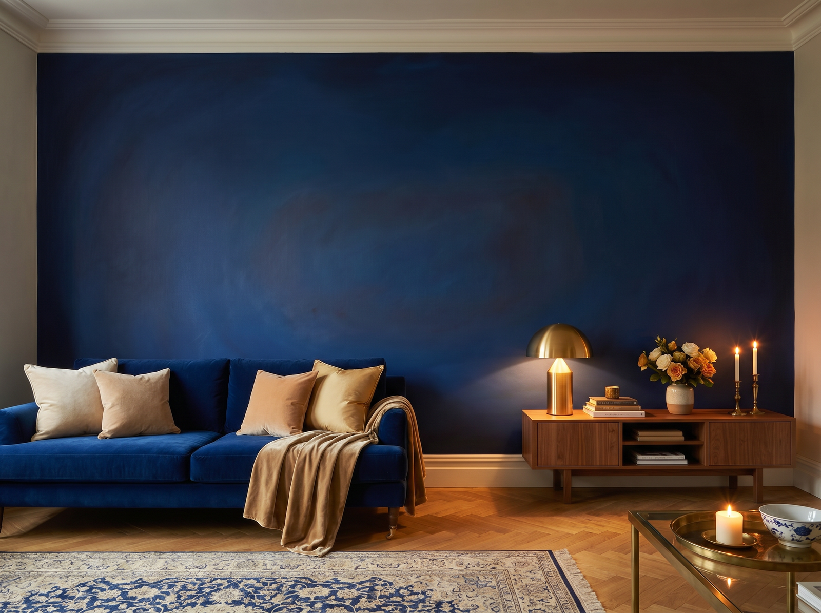 Deep Blue Void scenic wallpaper mural on the feature wall of a maximalist living room, in a moody black-and-charcoal palette — The Wall Shawl.