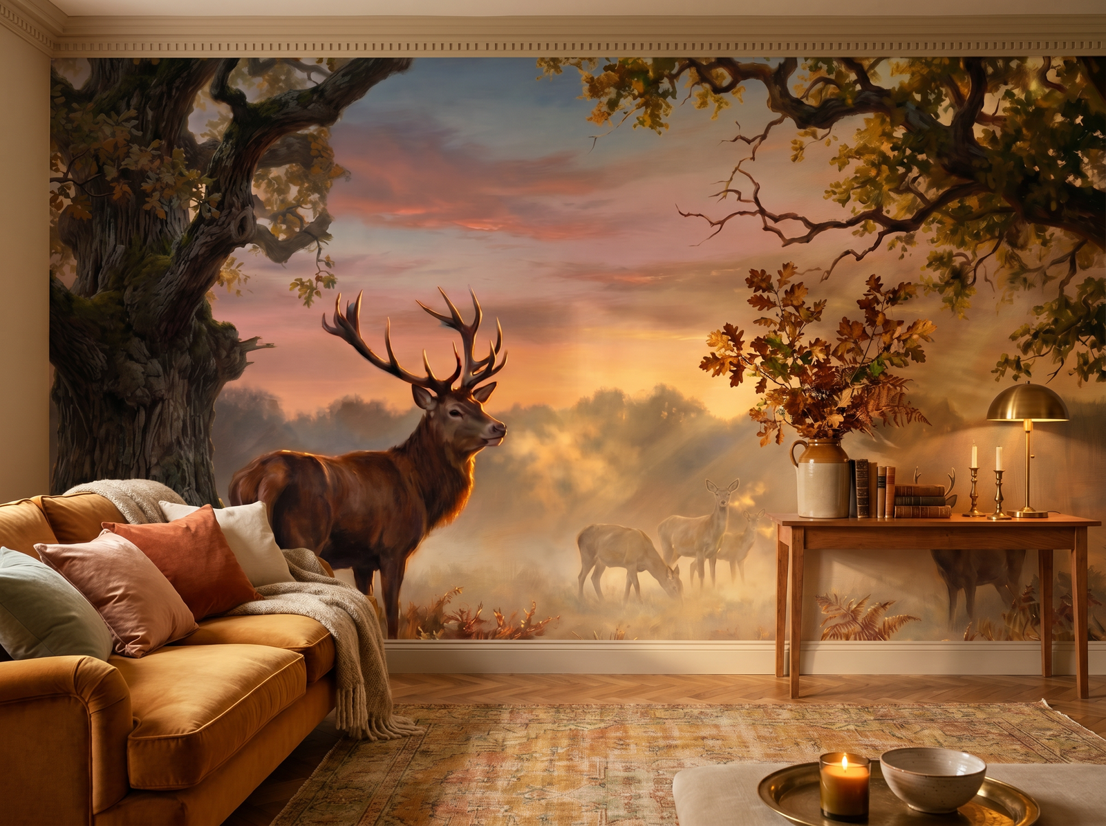 Deer at Dawn scenic wallpaper mural on the feature wall of an English-country bedroom, in a soft grey palette — The Wall Shawl.