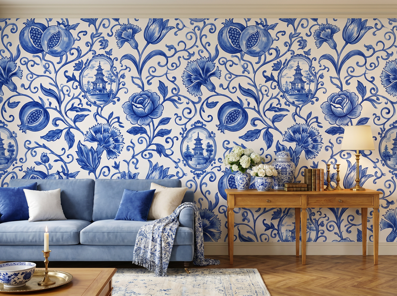 Delft Blue Floral — Mural Wallpaper