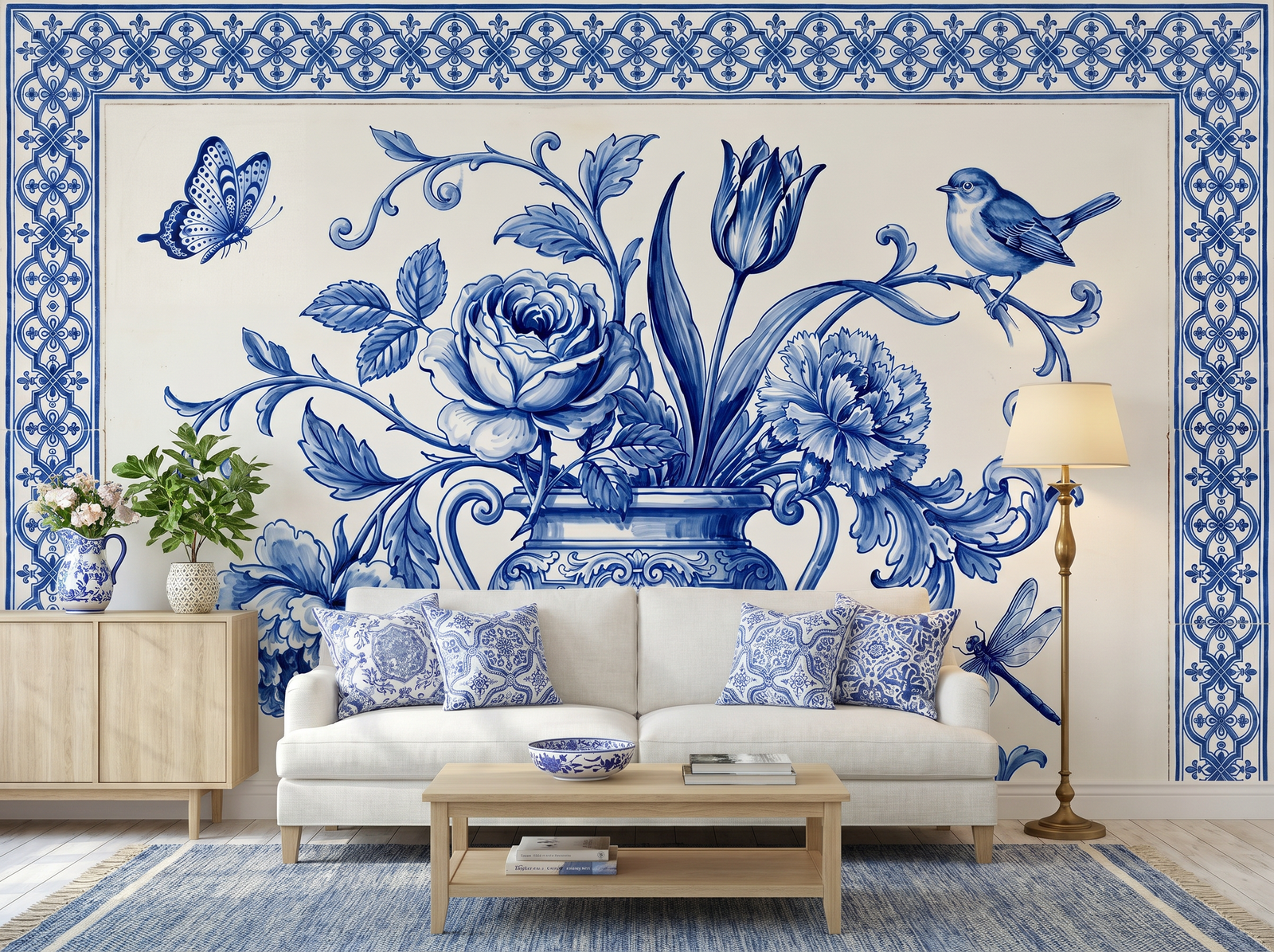 Delft Blue Garden scenic wallpaper mural on the feature wall of a Mediterranean kitchen, in a cool blue palette — The Wall Shawl.