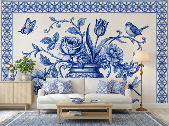 Delft Blue Garden — Mural Wallpaper
