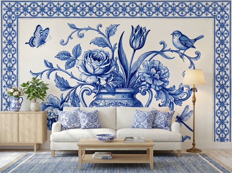 Delft Blue Garden — Mural Wallpaper