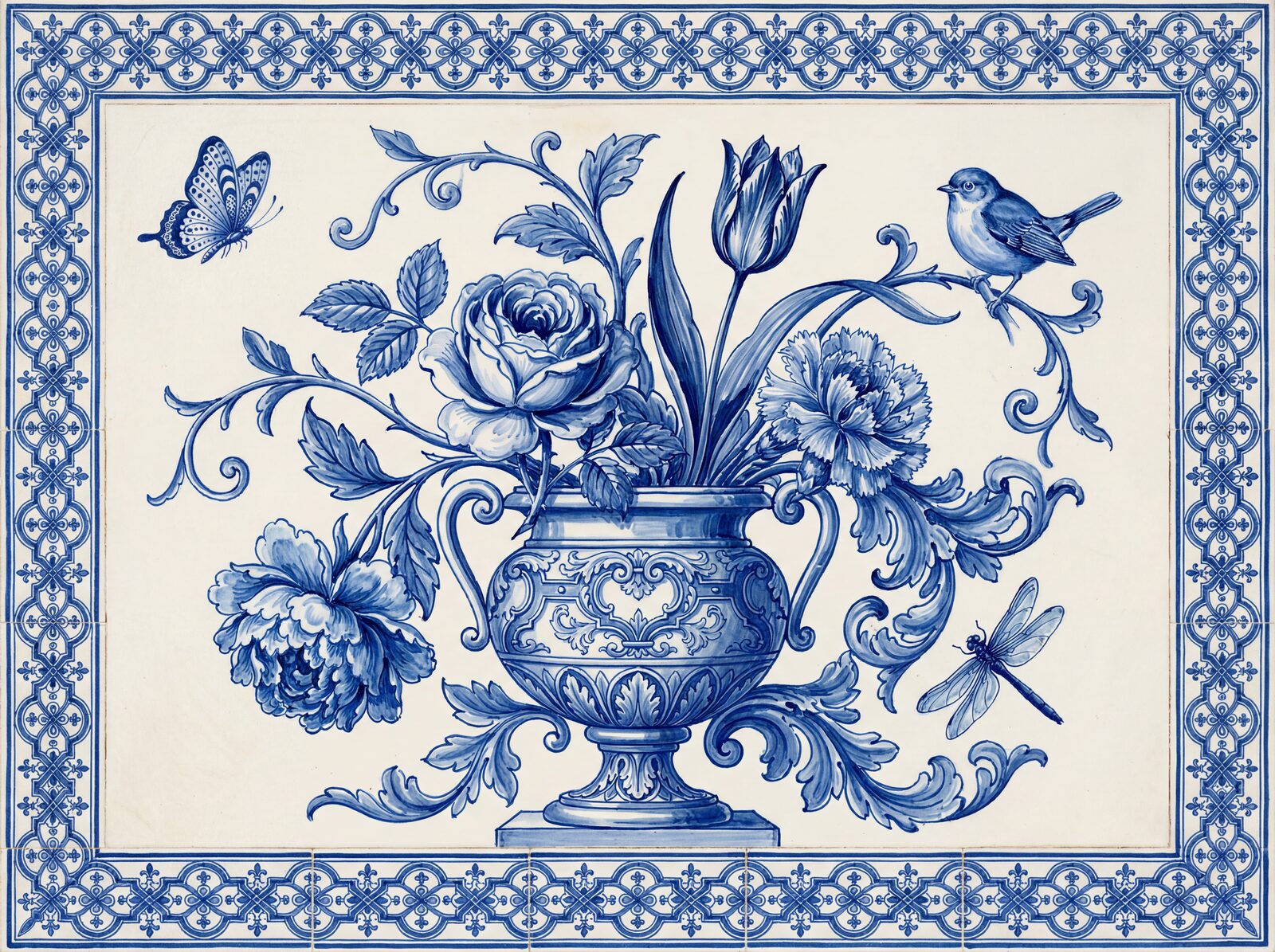 Delft blue monochrome garden scene wallpaper in Delft Dark, Mid, Light, and Cobalt blues. Made to order.