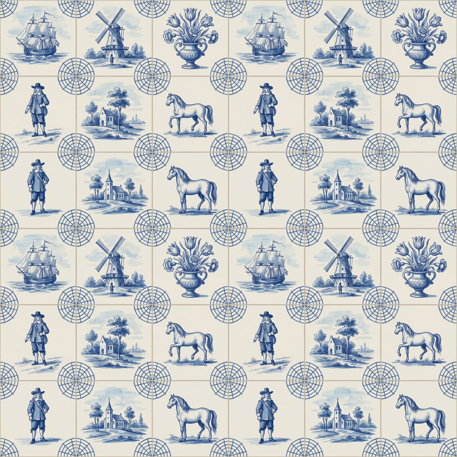 Charming narrative Delft-style tile mural in cobalt blue and tin white. Made to order.