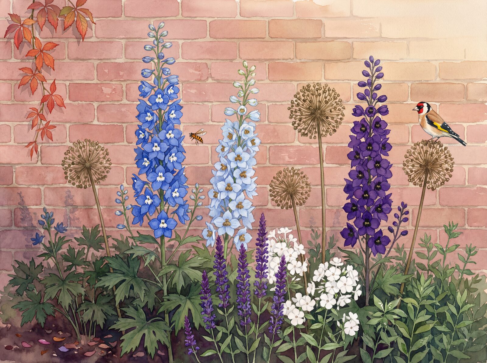 Scenic mural wallpaper featuring delphiniums in Gentian Blue, Ice Blue, and Violet Knight. Made to order.