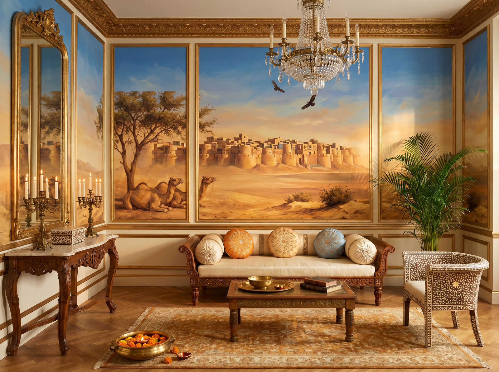 Desert Fortress scenic wallpaper mural on the feature wall of a traditional study, in a warm brown-and-taupe palette — The Wall Shawl.