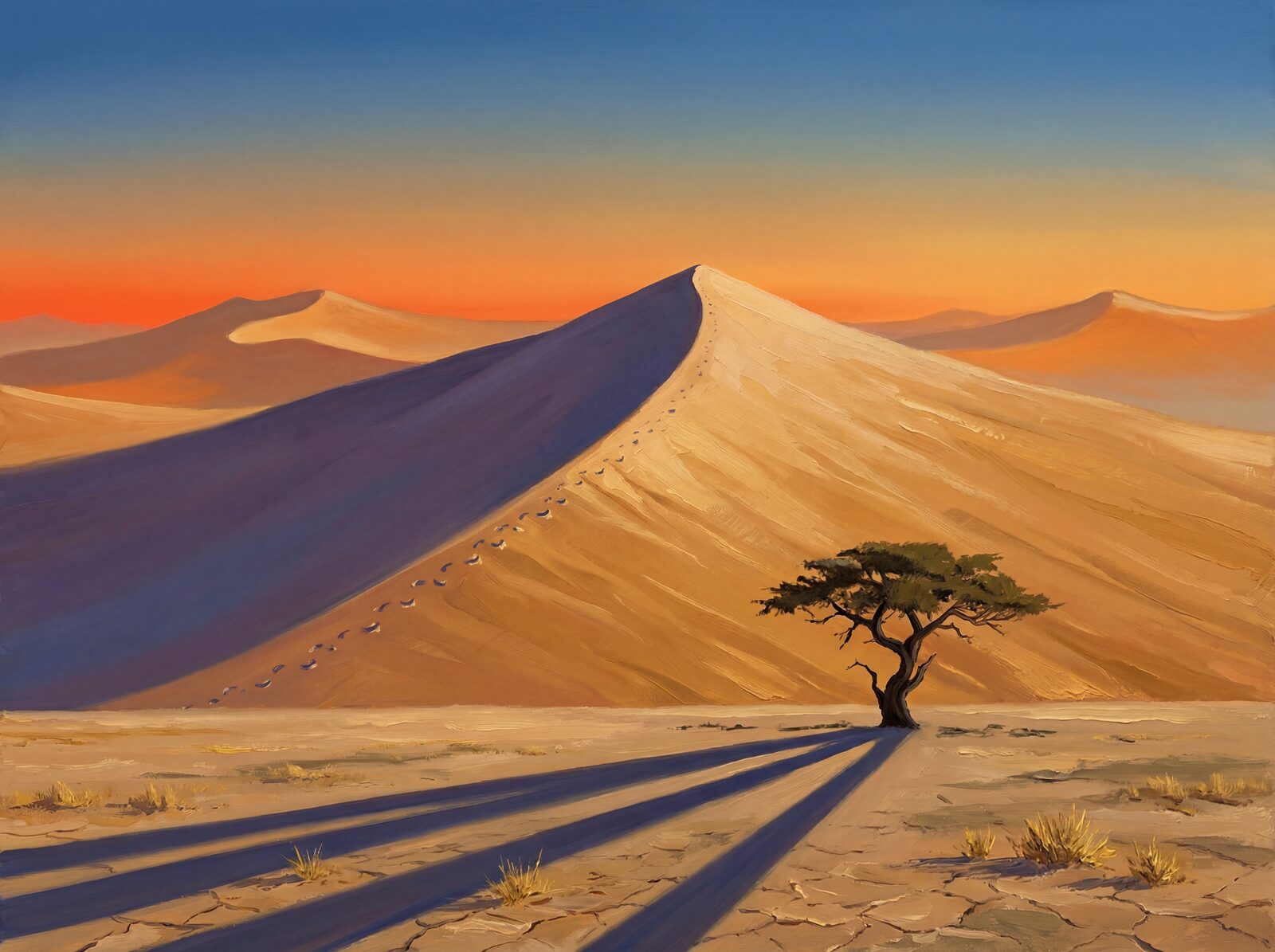 Scenic mural wallpaper featuring a desert sunset with a palette of Dune Gold, Apricot Crest, and Deep Amber. Made to order.
