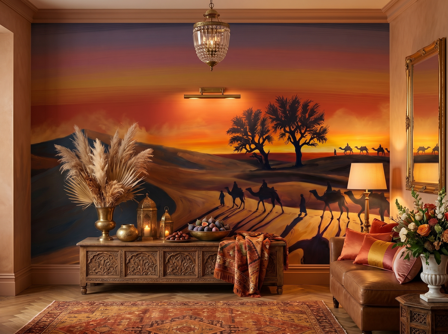 Desert Sunset scenic wallpaper mural on the feature wall of a modern-rustic bedroom, in a moody black-and-charcoal palette — The Wall Shawl.