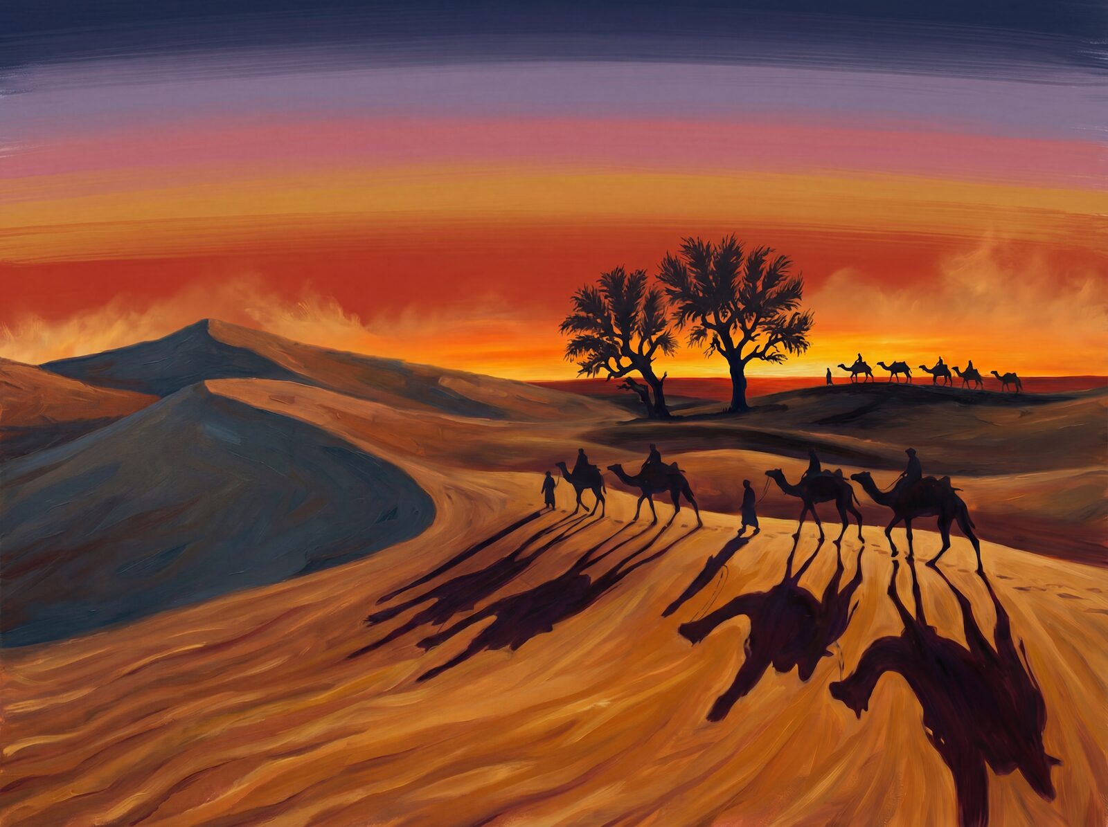 Vibrant desert sunset mural with Horizon Vermilion, Saffron, and Indigo hues. Made to order.