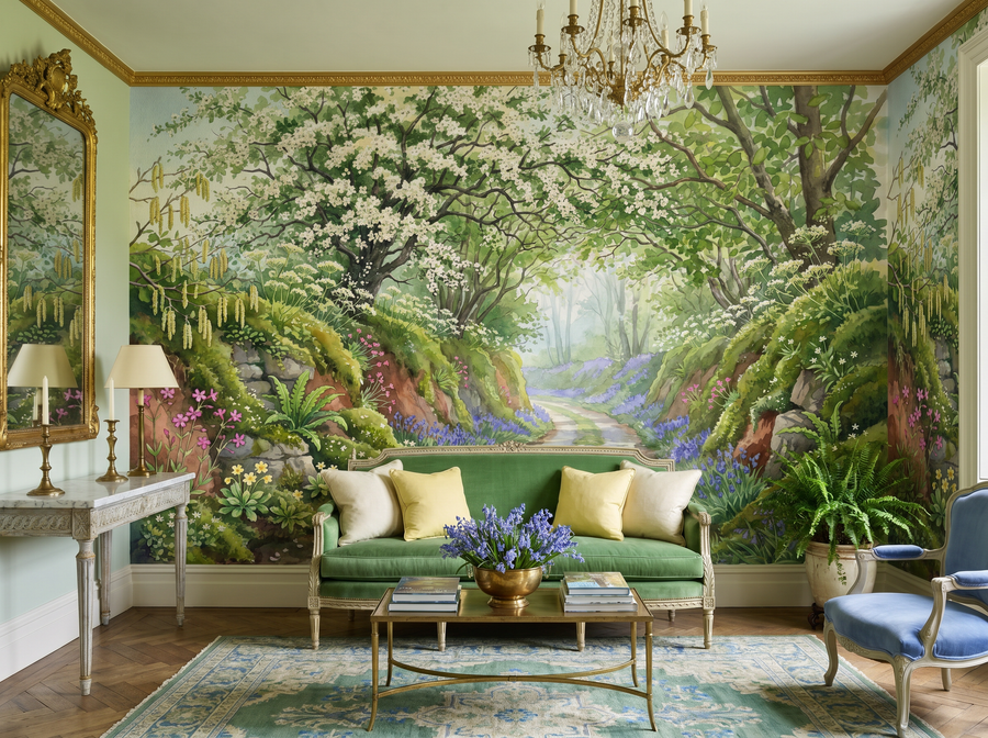 Devon Hedgerow scenic wallpaper mural on the feature wall of an English-country entrance hall, in a warm brown-and-taupe palette — The Wall Shawl.