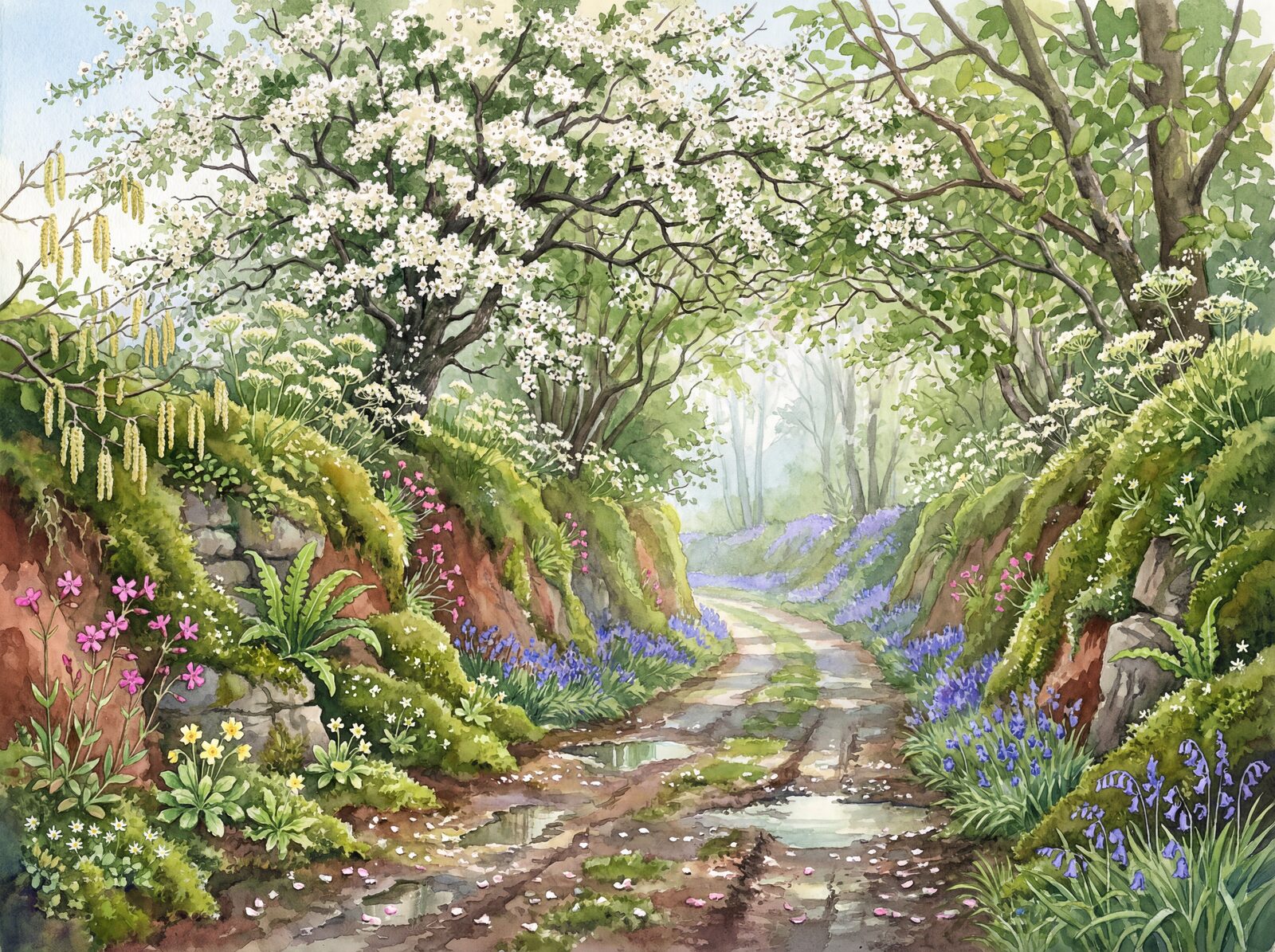 Scenic mural wallpaper featuring May blossom, wildflowers, and green foliage. Made to order.