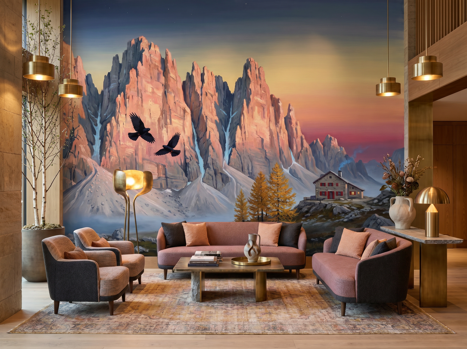 Dolomite Spires scenic wallpaper mural on the feature wall of a modern-rustic living room, in a soft grey palette — The Wall Shawl.