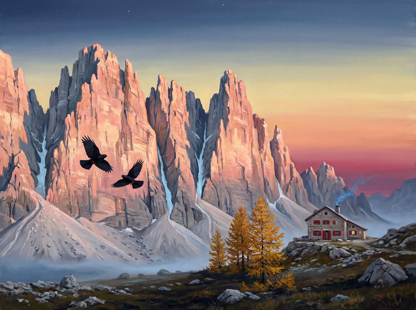 Scenic mural wallpaper featuring Alpenglow Rose, Dolomite Cream, and Night Indigo. Made to order.