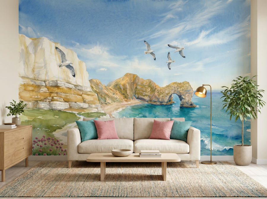 Dorset Coast Path scenic wallpaper mural on the feature wall of a coastal bathroom, in a soft grey palette — The Wall Shawl.