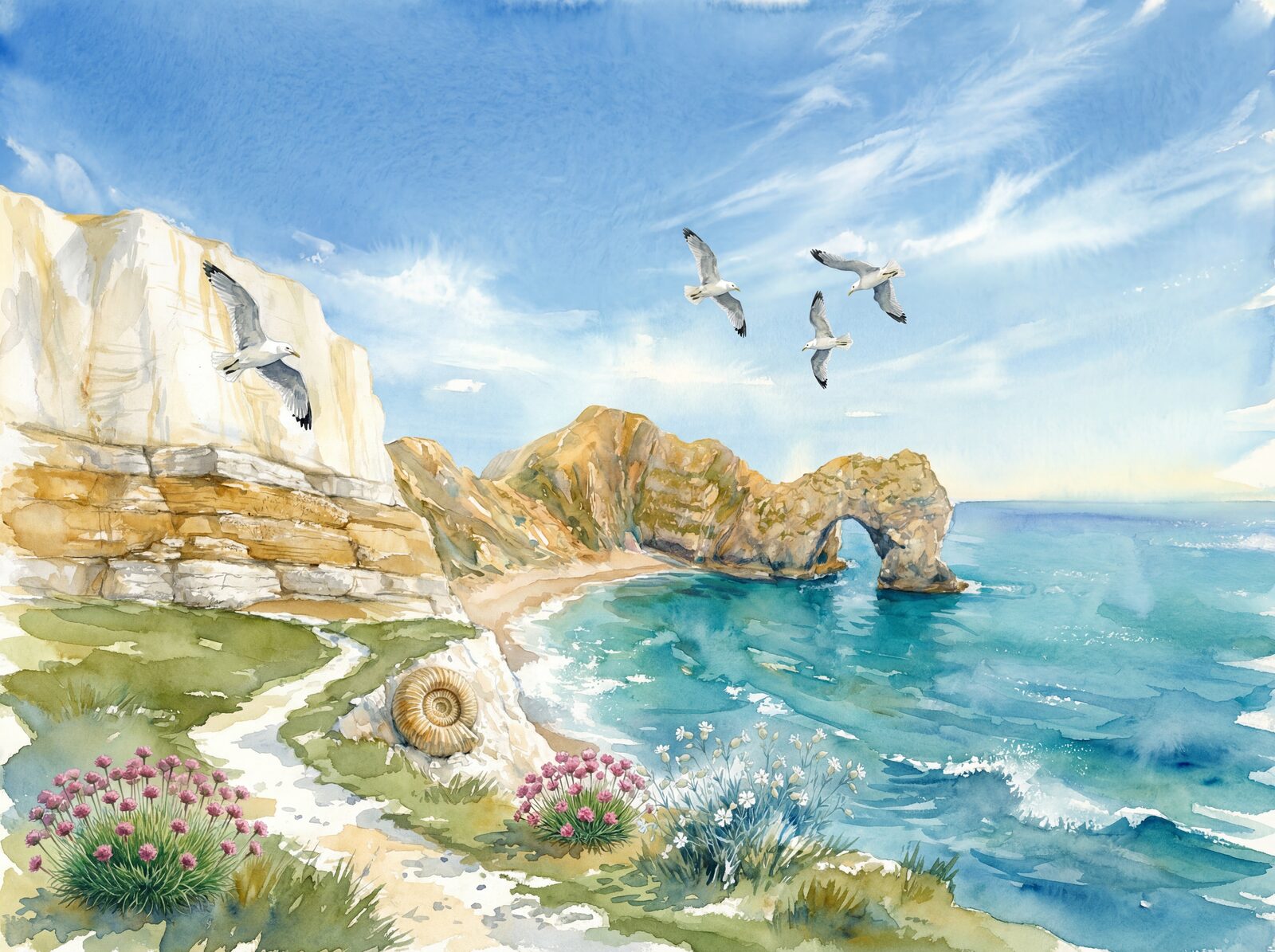 Scenic mural wallpaper with Chalk White, Sea Turquoise, and Deep Sea hues. Made to order.