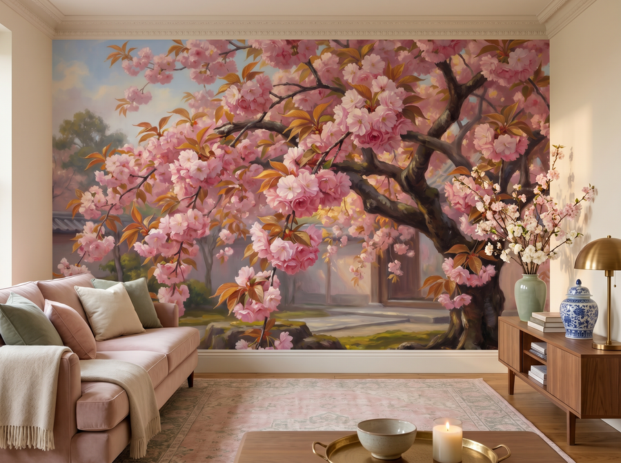 Double Cherry scenic wallpaper mural on the feature wall of a chinoiserie bedroom, in a soft pink-and-blush palette — The Wall Shawl.