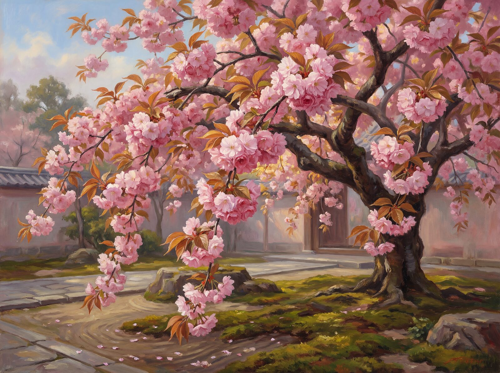 Experience the opulent beauty of Kyoto's double cherry blossoms. Rich rose, medium pink, and bronze tones. Made to order.