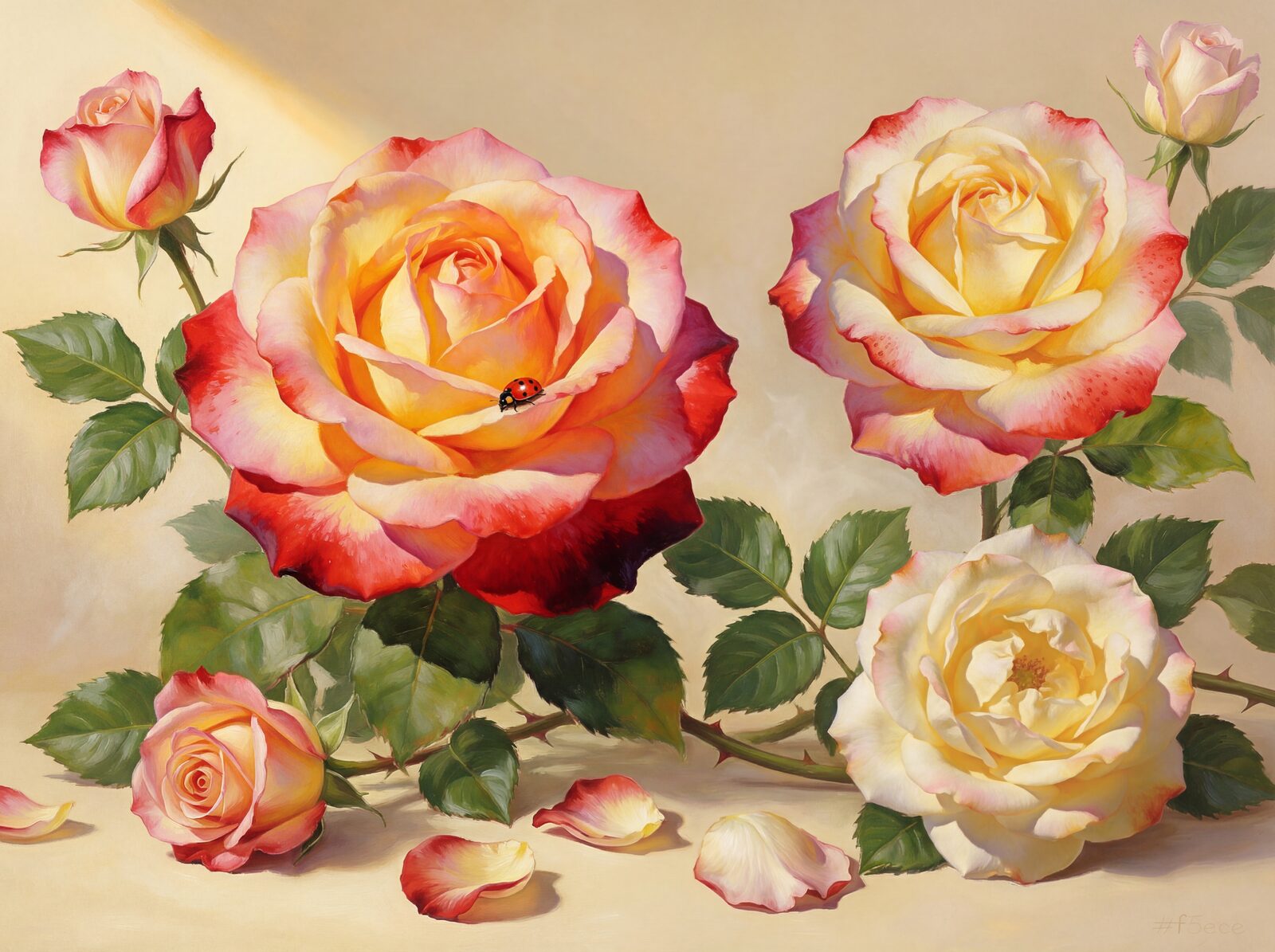 Experience the playful variability of the Double Delight Rose. Cream, blush, and strawberry tones on a warm ivory ground. Made to order.