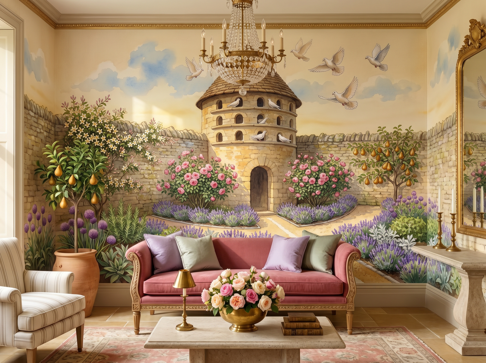 Dovecote Garden scenic wallpaper mural on the feature wall of an English-country bedroom, in a warm brown-and-taupe palette — The Wall Shawl.