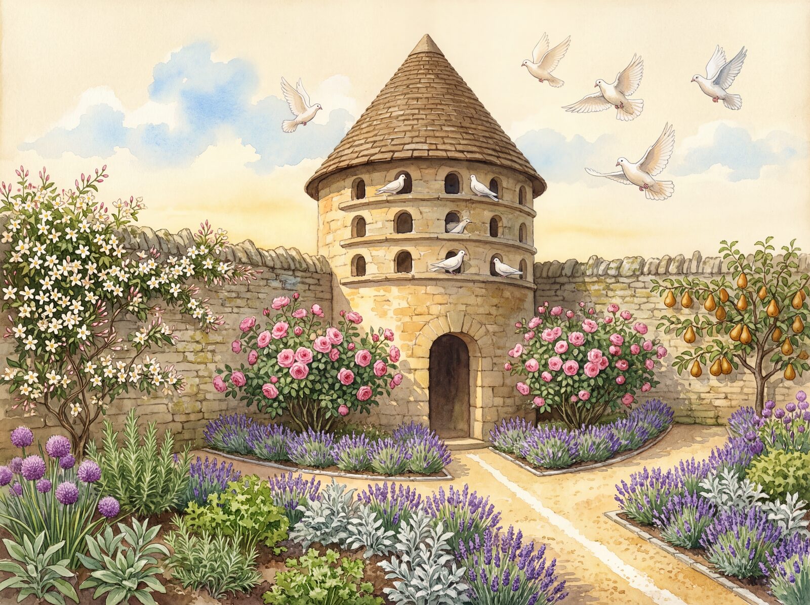 Scenic mural wallpaper featuring a medieval dovecote in a walled garden with a palette of Dove White, Garden Green, and Lavender. Made to order.