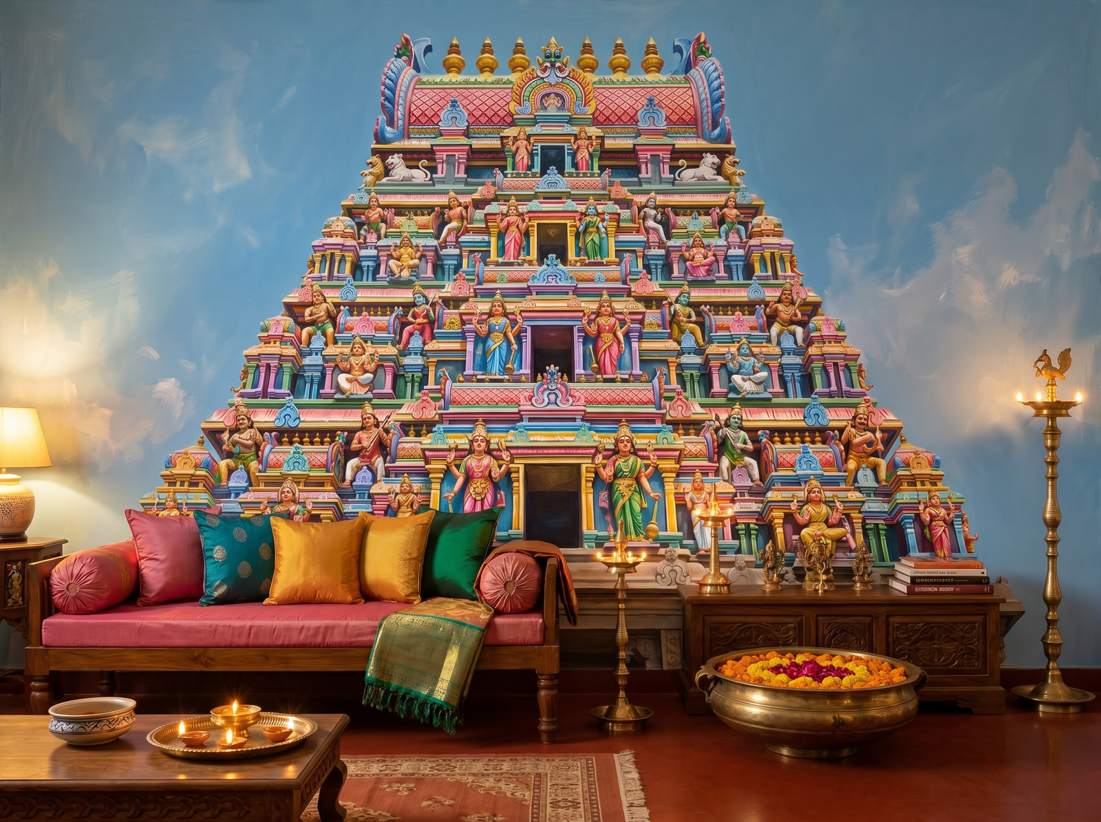 Dravidian Gopuram scenic wallpaper mural on the feature wall of an eclectic stair landing, in a soft grey palette — The Wall Shawl.