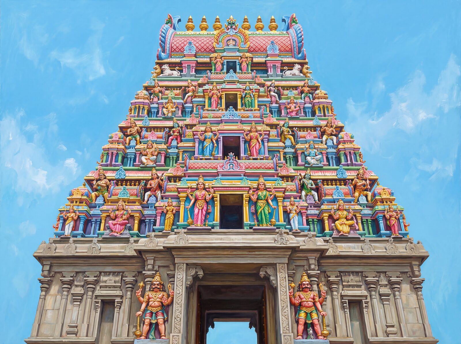 Ascend a monumental South Indian temple gateway with vibrant pink, blue & gold figures on a sky-blue ground. Made to order.