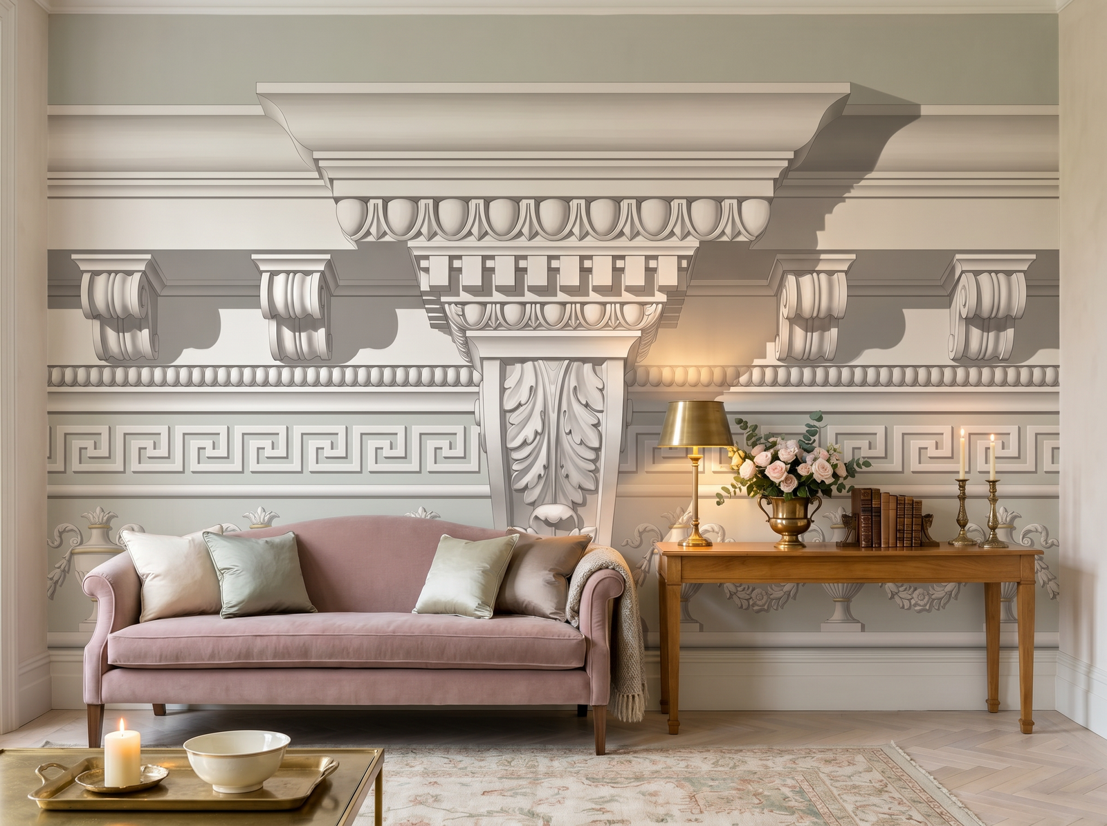 Drawing Room Cornice scenic wallpaper mural on the feature wall of a traditional living room, in a crisp white palette — The Wall Shawl.