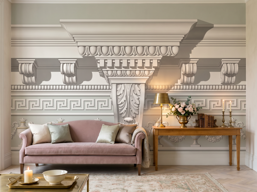 Drawing Room Cornice scenic wallpaper mural on the feature wall of a traditional living room, in a crisp white palette — The Wall Shawl.