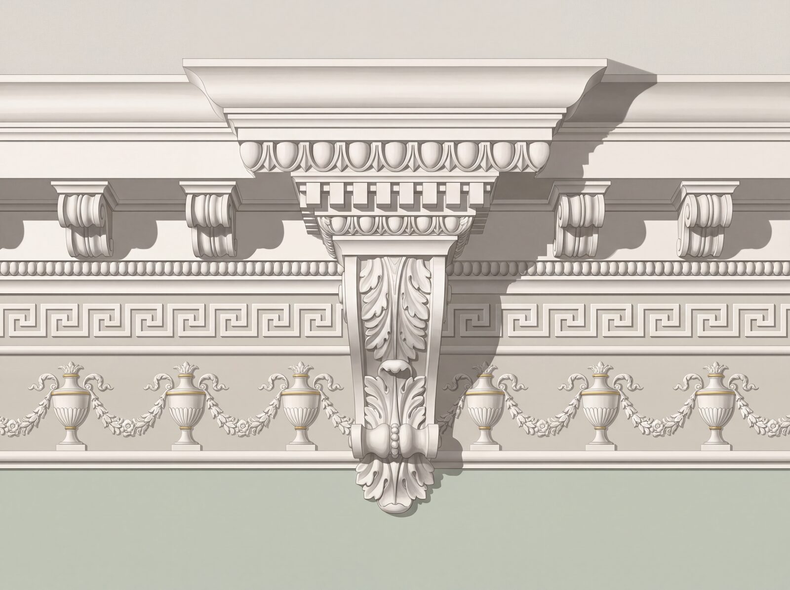 Experience the refined elegance of a Georgian drawing room cornice. Plaster White, Shadow Cool, Gilt Edge. Made to order.