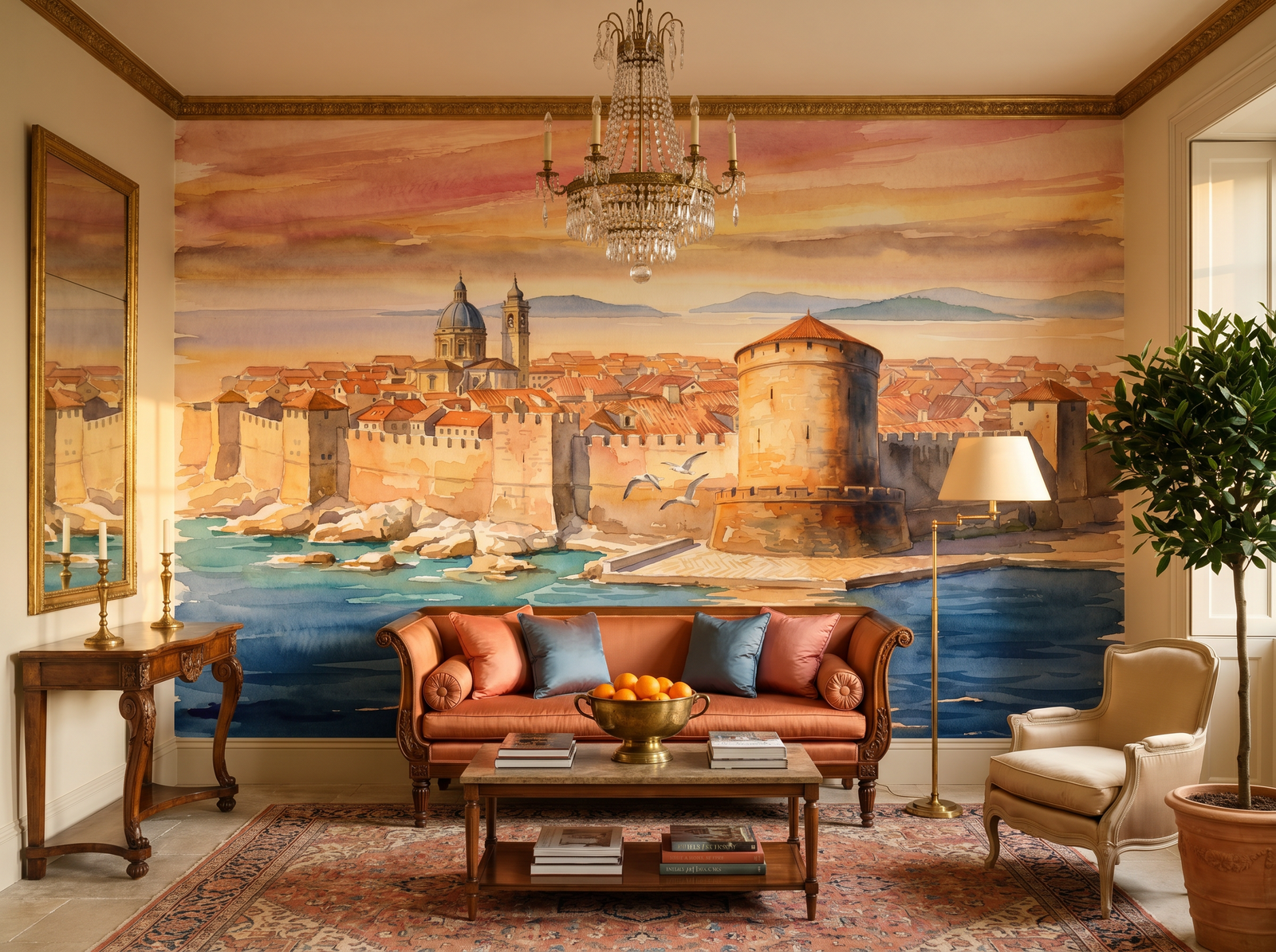 Dubrovnik Walls scenic wallpaper mural on the feature wall of a Mediterranean living room, in a soft grey palette — The Wall Shawl.