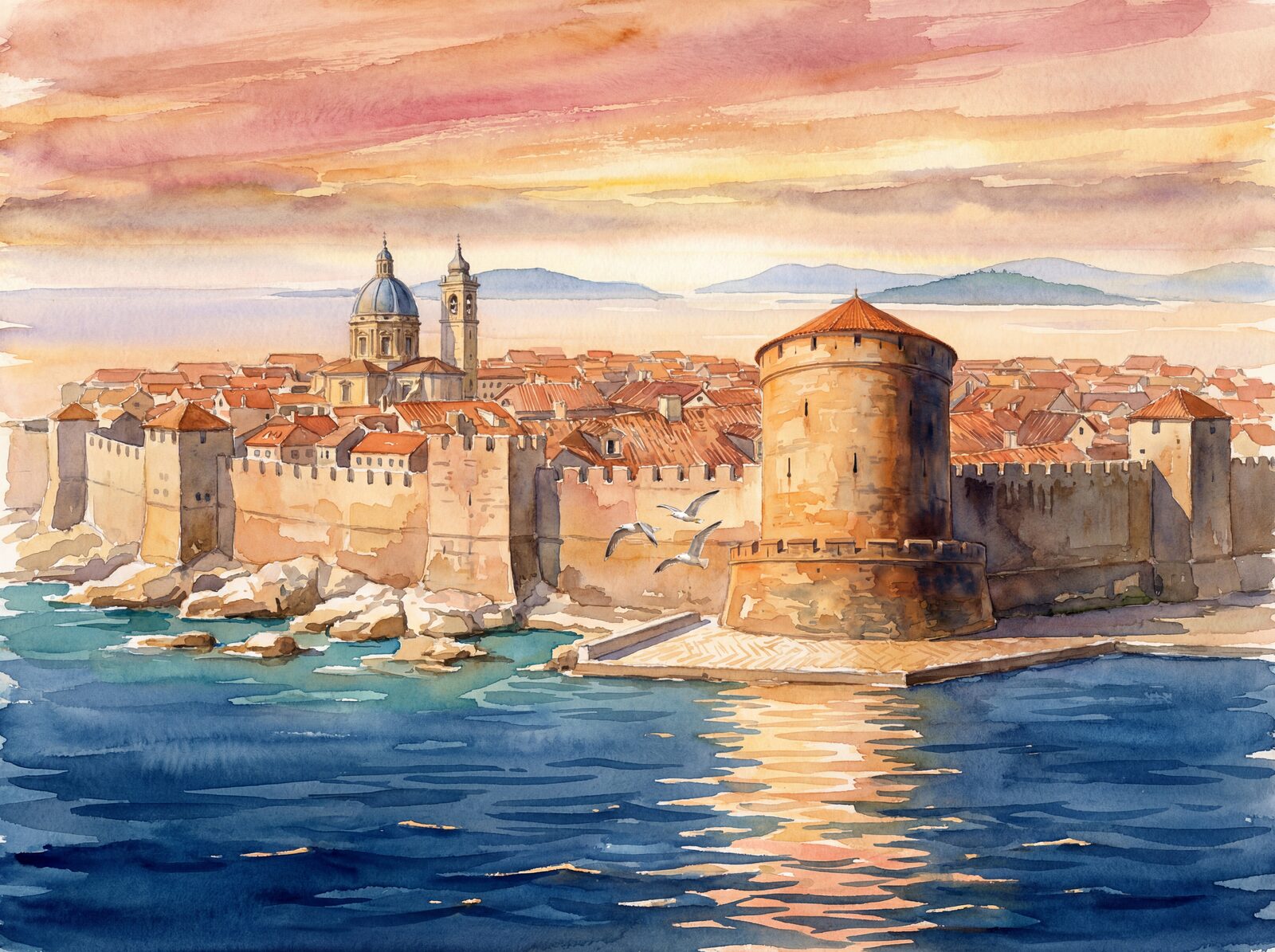 Scenic mural wallpaper featuring Dubrovnik's city walls in Korcula Stone, Adriatic Deep, and Sunset Rose. Made to order.