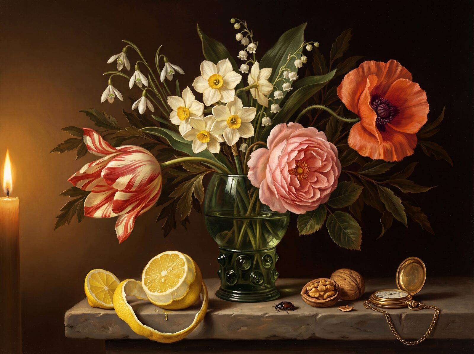 Immerse in a 17th-century Dutch still life with a rich palette. Made to order.