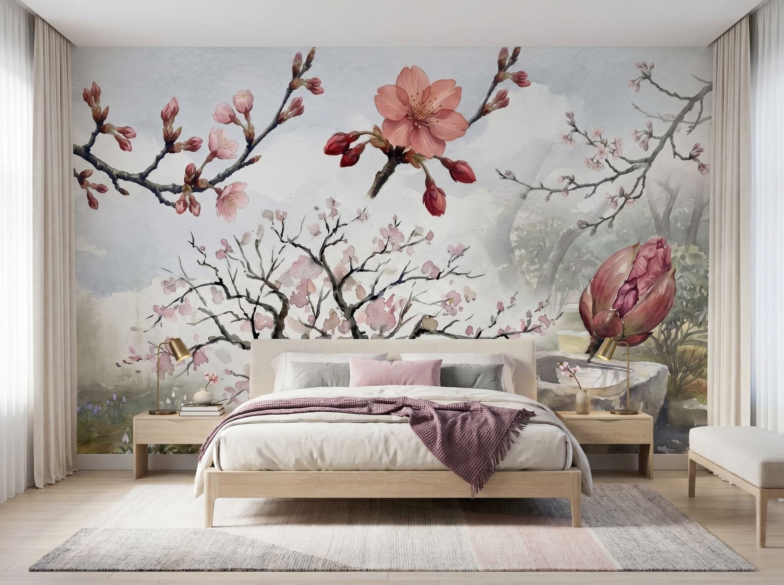 Early Cherry scenic wallpaper mural on the feature wall of a chinoiserie living room, in a soft grey palette — The Wall Shawl.