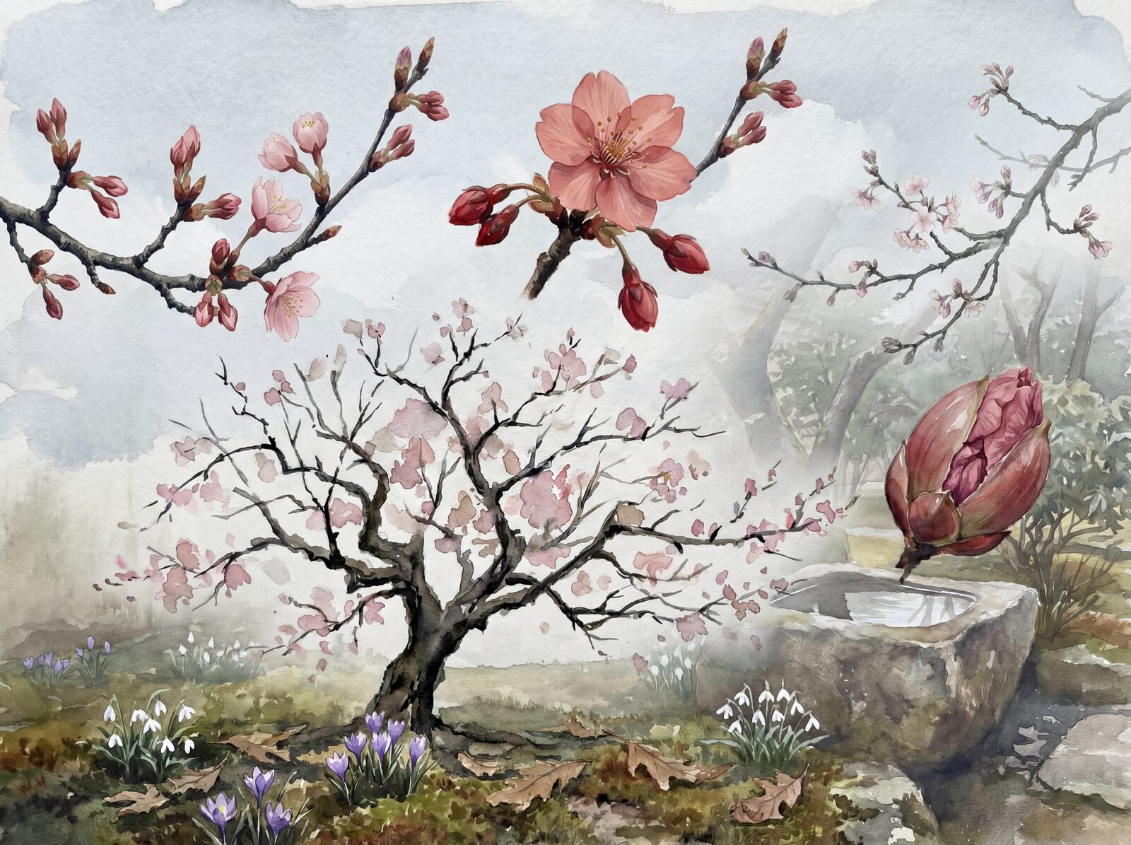 Scenic mural wallpaper featuring a cherry blossom tree in pink and green hues. Made to order.
