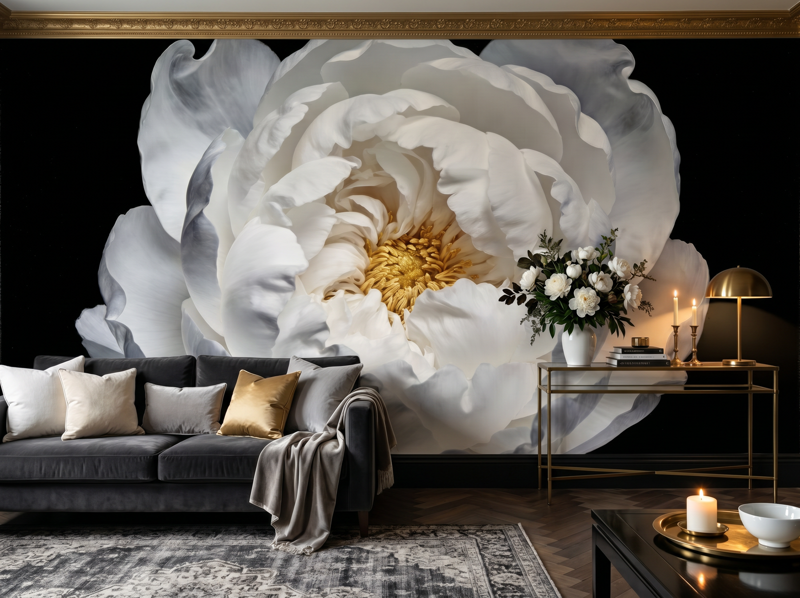 Ebony Peony scenic wallpaper mural on the feature wall of an English-country living room, in a moody black-and-charcoal palette — The Wall Shawl.