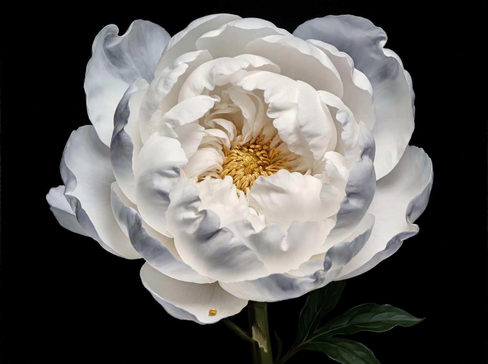 Experience the dramatic contrast of a single white peony against an ebony ground. Cool white and deep black. Made to order.
